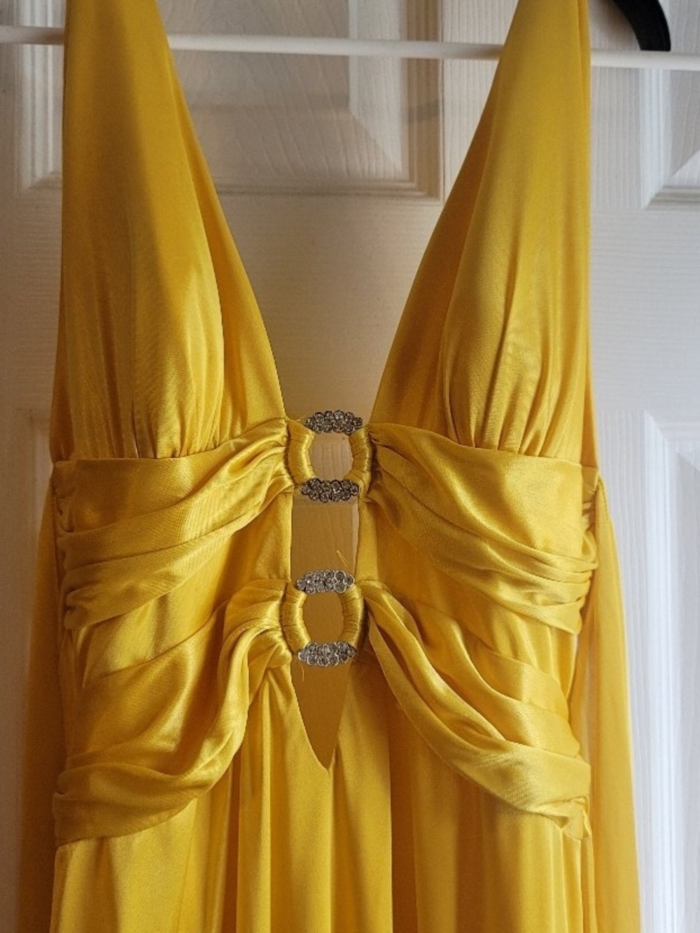 Yellow Plunge Halter Evening Dress with Embellished Rings